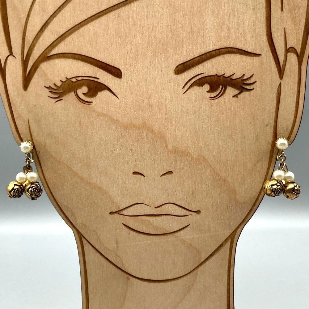 Vintage Floral Romance Dangle Earrings, Gold Tone Screw Back with Brassy Rose